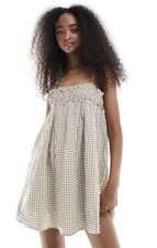 ASOS-Daisy Street gingham shirred bandeau mini dress in brown gingham/size US 10