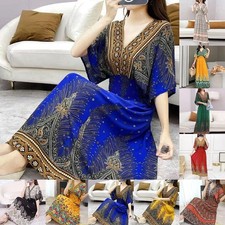 Sundress with Bohemian Floral Print Long Length Elastic Waist Puff Sleeves