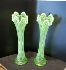 FLAWLESS PAIR VINTAGE FENTON GREEN "BOGGY BAYOU" VASELINE GLASS VASES