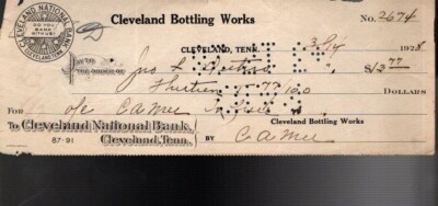 1928  COKE  CHECK --Cleveland Bottling Works--FREE SHIPPING