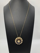 VTG Faux Pearl Rhinestone Enamel Flower Pendant Necklace Gold Tone Chain