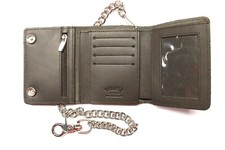 Super Sturdy Leather Trifold Biker Wallet with Chain and ID Window, Dark Brown