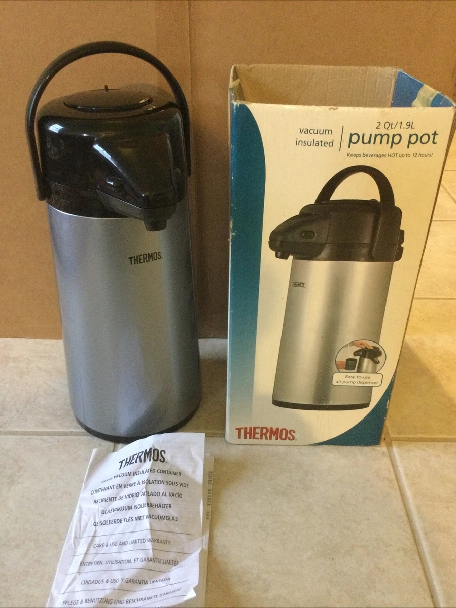 Thermos Glass Vacuum Insulated 2 Quart Pump Pot Gray Keep Drinks Hot Or Cold