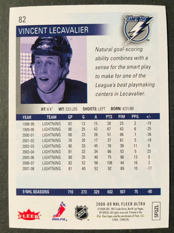 Vincent LECAVALIER 2008-09 Fleer Ultra Hockey #82 Tampa Bay Lightning - Image 2 of 2