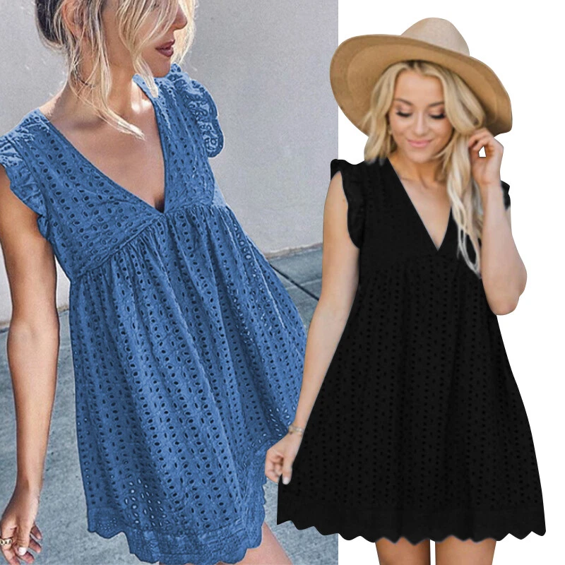 Álgebra Pedagogía Penetración Vestidos De Verano Plus Size Mini Hollow Out Lace V Neck Ruffle Sleeve  Sundress | eBay