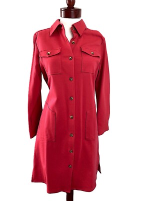 Joan Rivers Shirt Dress Red Medium Knee Length Button Dress Long Sleeve |  eBay