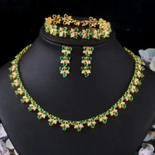 CZ Leaf Tennis Gold Plated Necklace Earring Bracelet Jewelry Set for Women Party