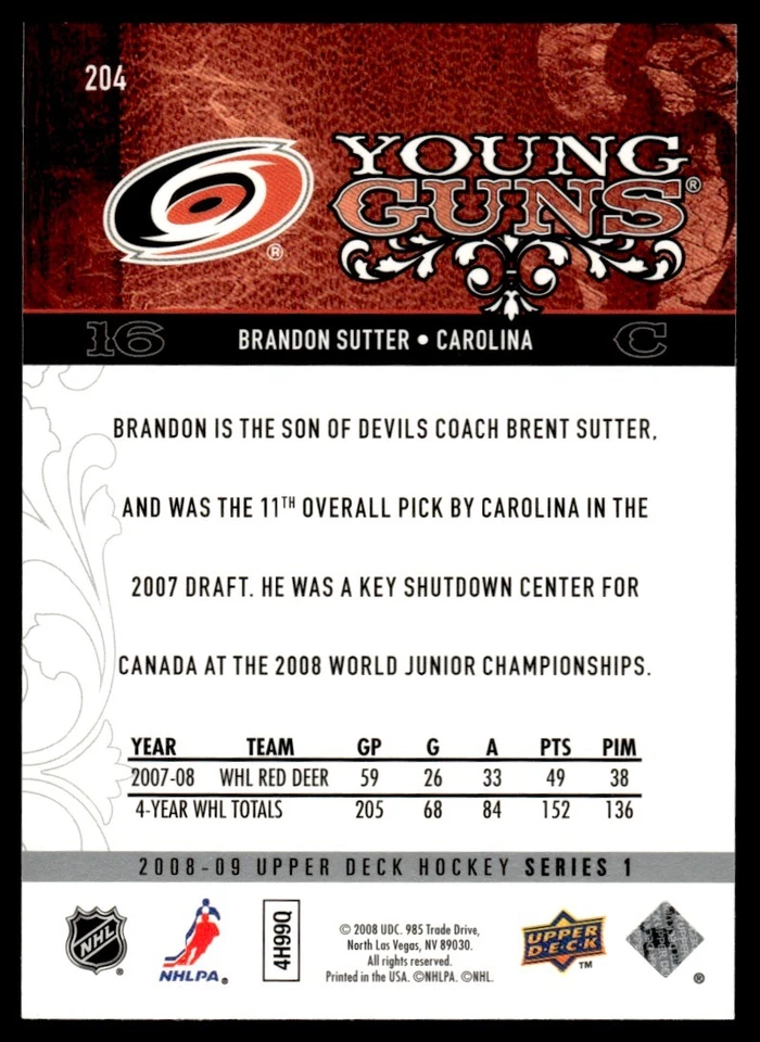 2008-09 UPPER DECK YOUNG GUNS Brandon Sutter Rookie Carolina Hurricanes #204 - Image 2 of 2