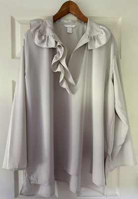 H&M Ruffle Collar Blouse Tan V-Neck Long Sleeve Oversized M Cottagecore 72-27
