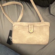 Beige Small Crossbody Wallet Bag, Zip Closure, Gold Hardware, Inner Pockets