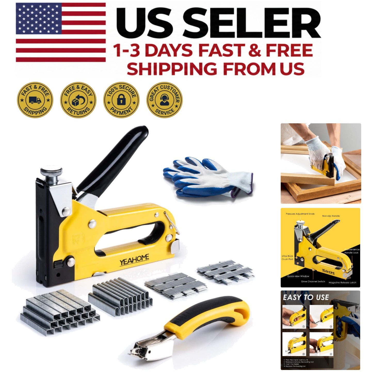 4-in-1 Heavy Duty Staple Gun w/ 6000 Staples Remover Gloves 