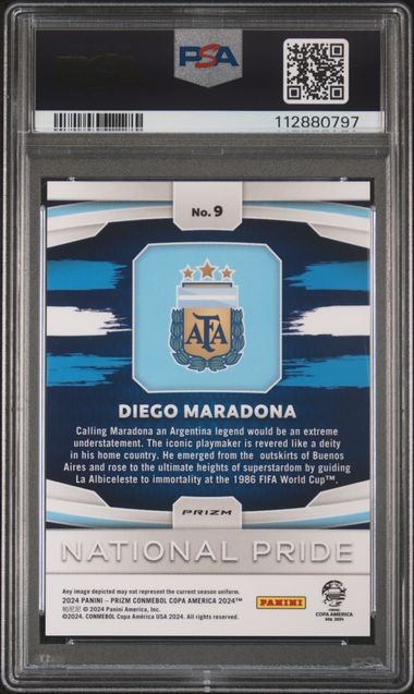 2024 PANINI PRIZM CONMEBOL COPA AMERICA NATIONAL PRIDE #9 DIEGO MARADONA PSA 10 view 3