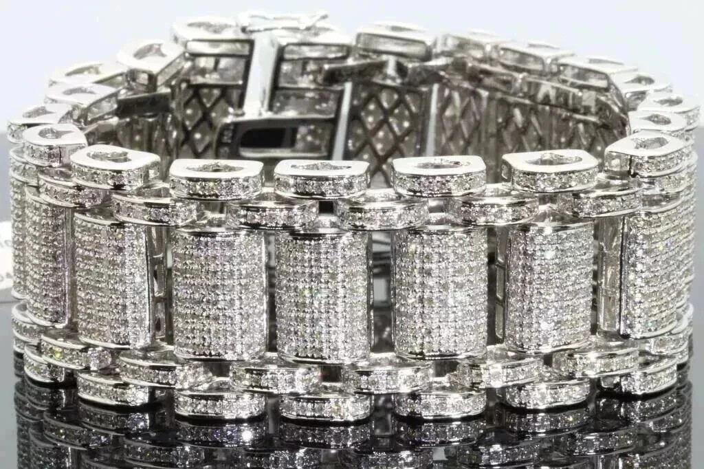 Brazalete de diamantes simulados de corte redondo de 15,00 quilates para hombre enchapado en oro blanco de 14 quilates plateado