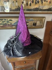 Witches Hat By Midnight Spell Black Roses Purple Ribbons 14.5" Tall New