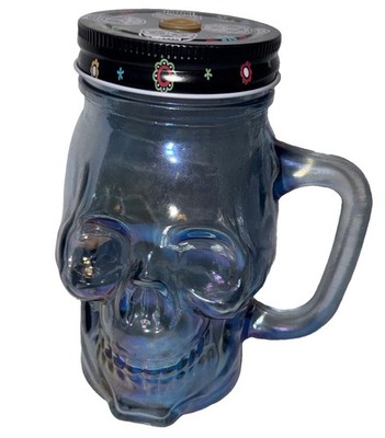 Splash Blue Iridescent Glass Skull Mason Jar Mug Sugar Skull Lid 15oz