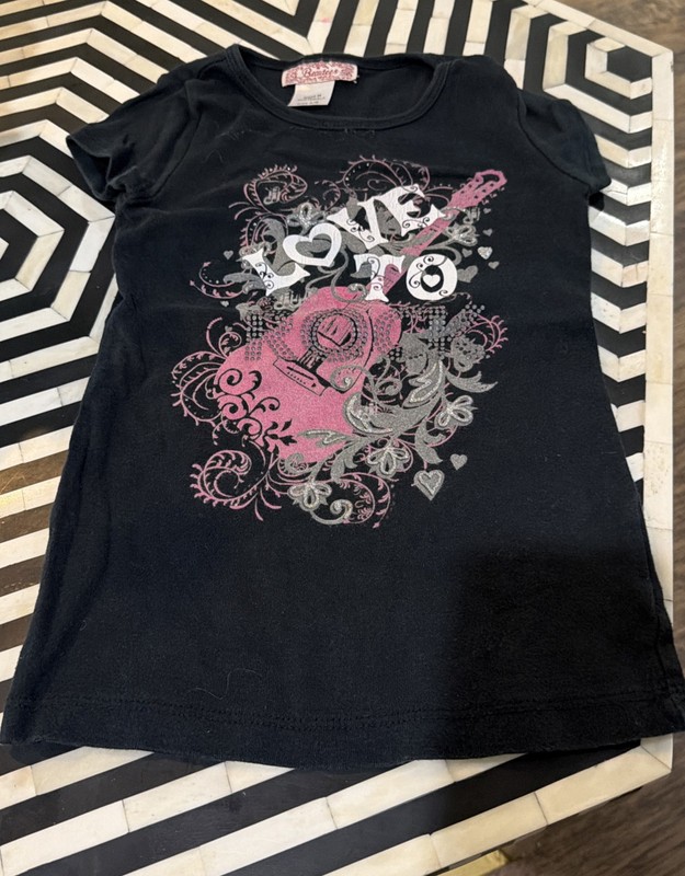 LOVE To Pink Guitar Shirt Black Short Sleeve Beautees Girls Size 6