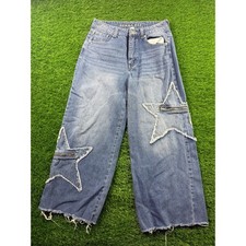 Gemma Rae 7 Blue Denim Star Patch Wide Leg Jeans Y2K Baggy Distressed Frayed Hem