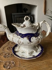 Footed Ornate Antique Large Teapot Rococo Cobalt Gold Coalport Ridgway interest