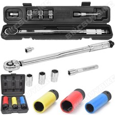 1/2" Drive Torque Wrench Set 28-210Nm with 3 Alloy Wheel Nut Sockets 17 19 21mm