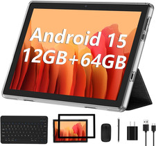 Android 15 Tablet, 10 Inch Tablets with Keyboard Mouse 12GB RAM  64GB ROM 1TB