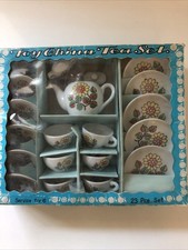 VTG 1960  s 21 Piece China Children  s Tea Set in Original Box   Floral Toy Set