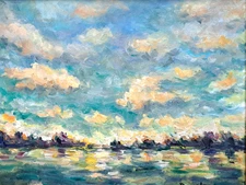 Oil Painting Clouds Water Trees Marsh ORIGINAL Landscape Framed by Donalee