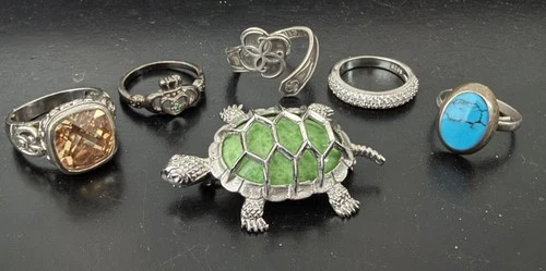 Vintage ALL Sterling Silver Jewelry Lot 5 Rings / 1 Brooch