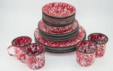Vtg Red Swirl Enamelware Camping Dishes Plate...