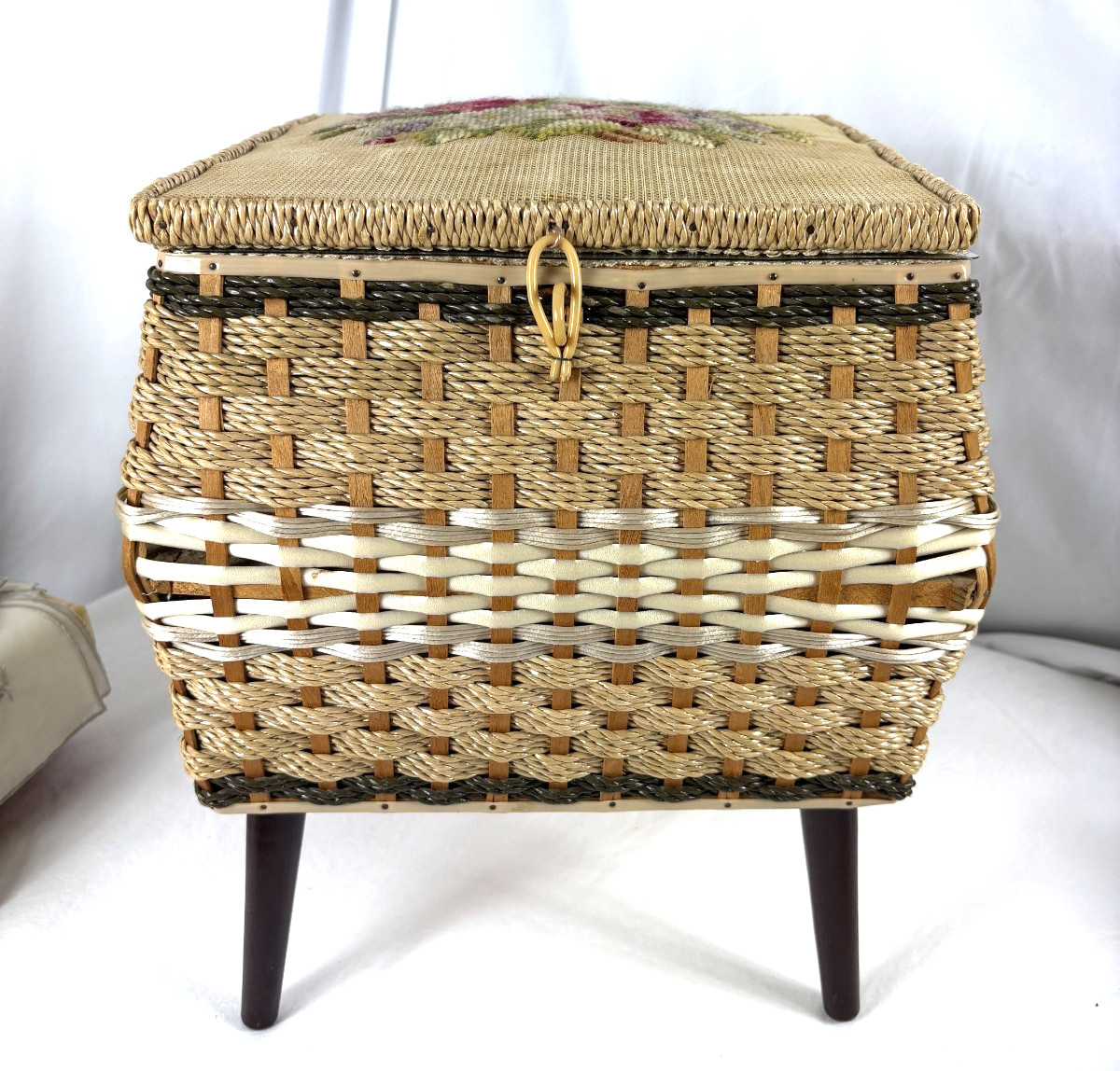 Vintage Penneys sewing basket needlepoint on legs