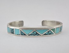 Anita Banteah Zuni Sterling Silver Natural Turquoise Flush Inlay Cuff Bracelet