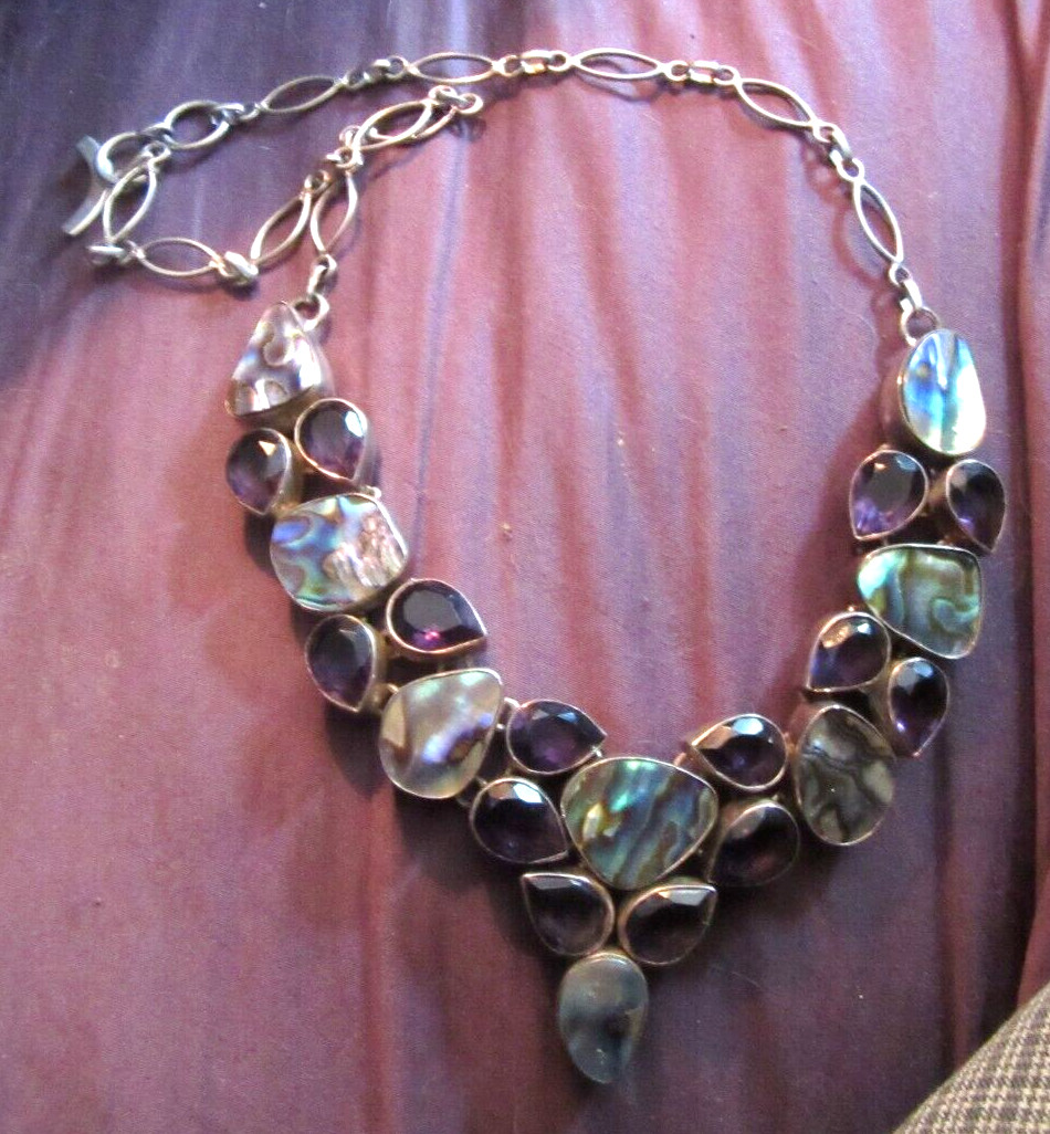 Sterling Silver Amethyst Abalone Statement Vintag… - image 2