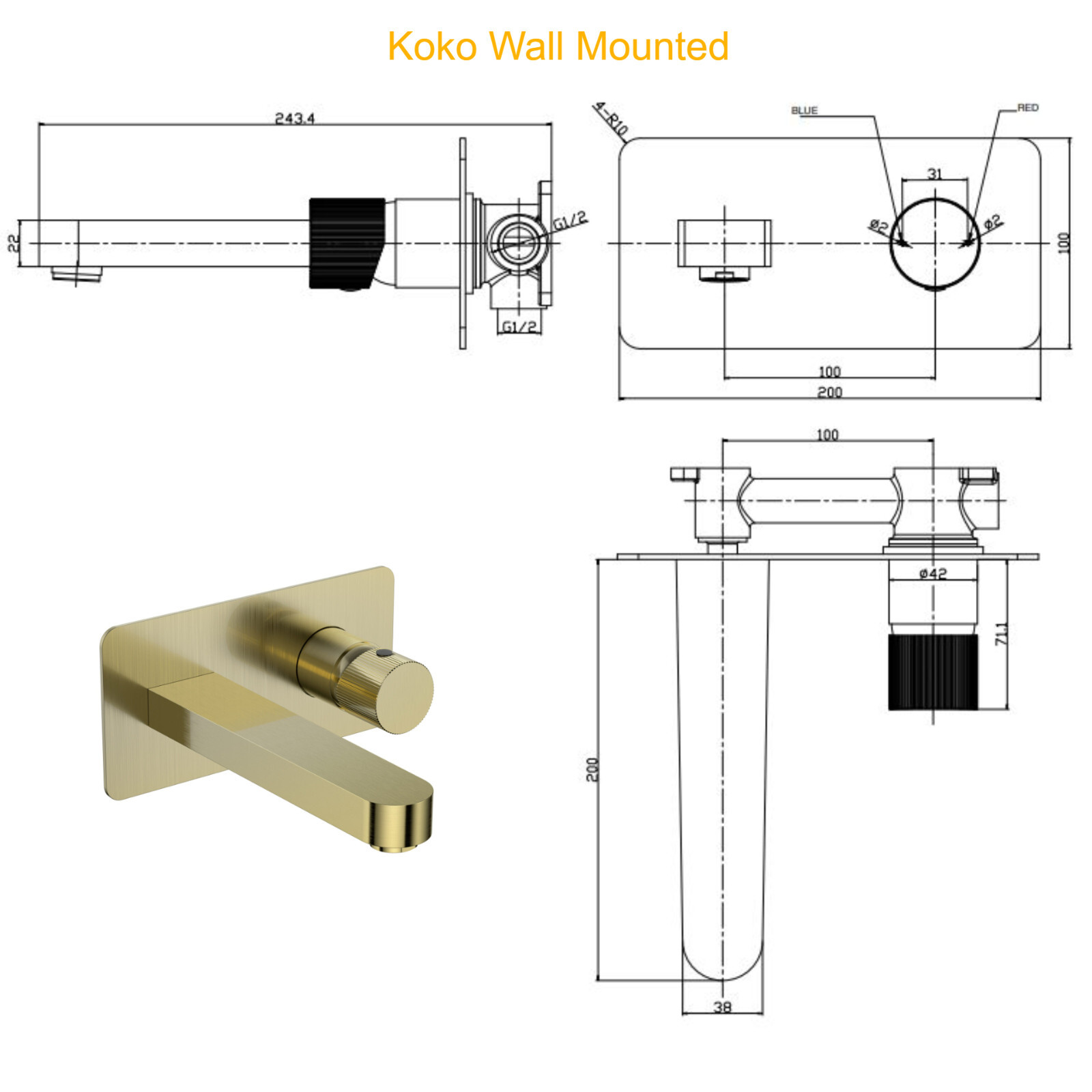 Brushed Brass Basin Mixer Tap WallMounted Concealed Bathroom Sink