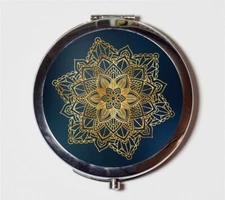 Gold and Blue Mandala Zen Yoga Compact Mirror Make Up Pocket Mirror Cosmetics