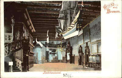 Gruss aus BREMEN Litho-AK ~1900 Inneres Rathaus Saal mit Schiff und Inventar