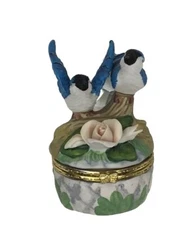 Bluebird Rose Jewelry Box Ceramic Hinges Trinket Gift Fairycore Cottage Coquette