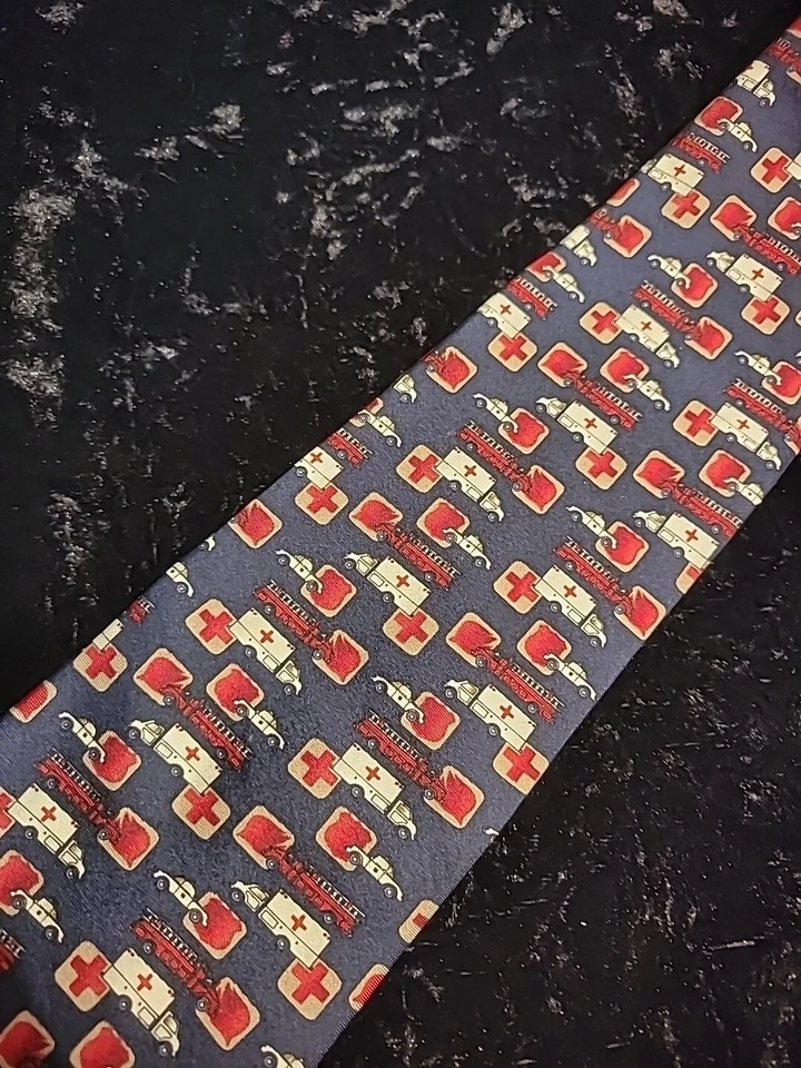 Vintage Tie Tree Mens Neck Tie Blue Red Ambulance Firefighter First Responder - Image 2 of 4