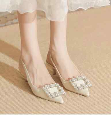 Pumps Schuhe 3 CM Elegant Beige Perlen Lederband Kunststoff 75894