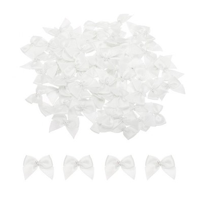 60Pcs Mini White Ribbon Bow with Pearl 1'' Ribbon Flowers Applique