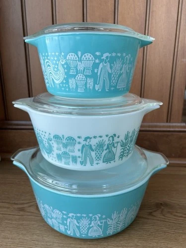 Vintage PYREX Turquoise Amish BUTTERPRINT Casserole Set #473, 474, 475 w/ Lids
