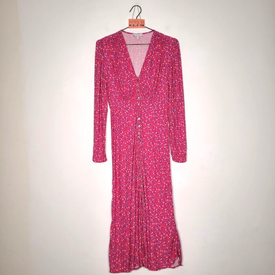 Ghost Kleid XS hellrosa ditsy Blumen Langarm V-Ausschnitt Knopfleiste Schlitz