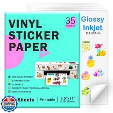 Printable Vinyl Sticker Paper for Inkjet Printer - 35 Sheets Glossy White - 8
