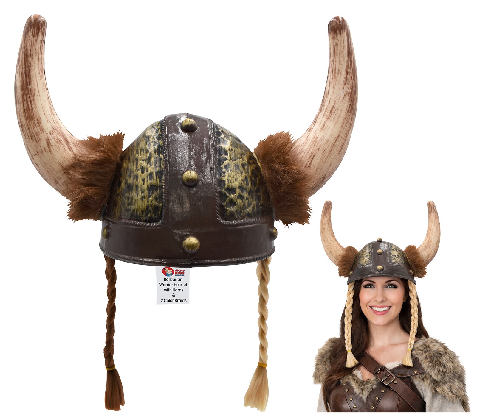 Adult Nordic Viking Helmet with Horns Braids Barbarian Warri