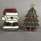 VTG Tiffany Style Stained Glass Glo-Candle Cast Iron Holder Christmas Tree Santa