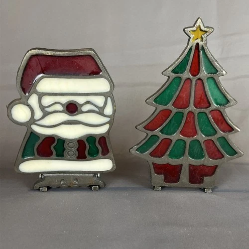 VTG Tiffany Style Stained Glass Glo-Candle Cast Iron Holder Christmas Tree Santa