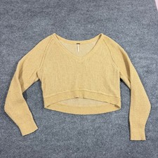 Free People V-Neck Cropped Sweater Womens Small Tan Cotton Blend EUC