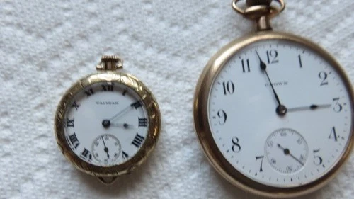 Antique Crown Pocket Watch & Waltham Pendant Watch both gold filled not running
