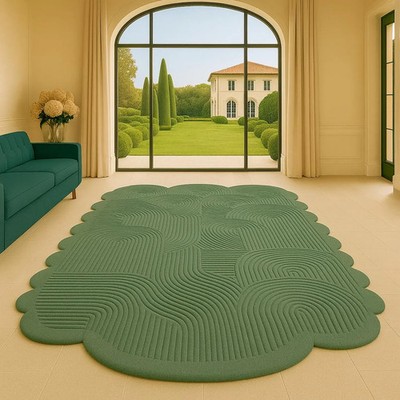 Modern Green Abstract Rug   Handmade Wool Area Carpet with Geometric Line