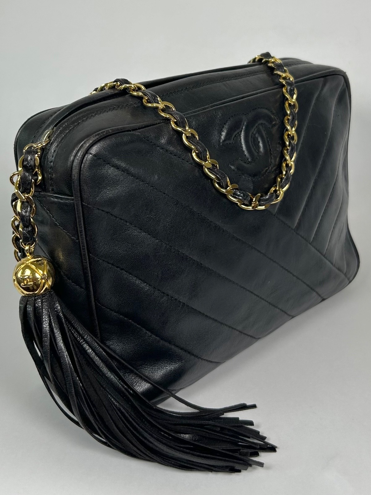 Chanel CC Vintage Chevron Camera Bag Black Lambskin Tassel Gold image 3