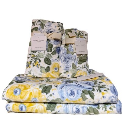 NWT 6 pc Laura Ashley Blue FLORAL QUARTET  Velour 2 Bath 2 Hand 2 Tip Towel Set
