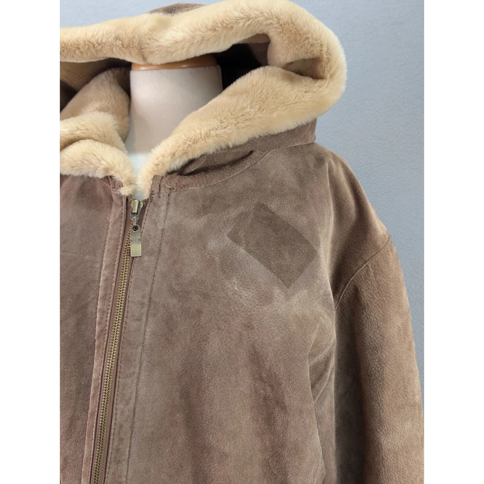St John's Washable Suede Faux Fur Hooded Leather Coat Jacket Womens XL Beige Tan - Image 4 of 4